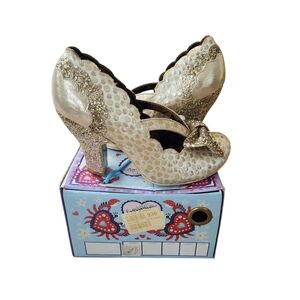 Irregular Choice Curtain Call Gold Glitter Bow Pumps Heels 10 New